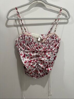 For Love & Lemons White Floral Ruched Crop Top with Red Rose Print
